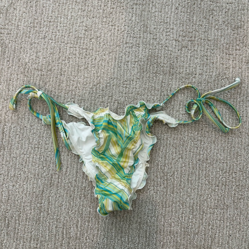 l*space Green & Yellow Striped Ruffle Tie-Side Bikini Bottom